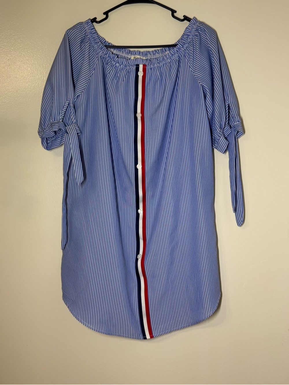 Love J Womens Blue White Striped Off Shoulder Tunic Top Tie Sleeve‎ NWT Medium